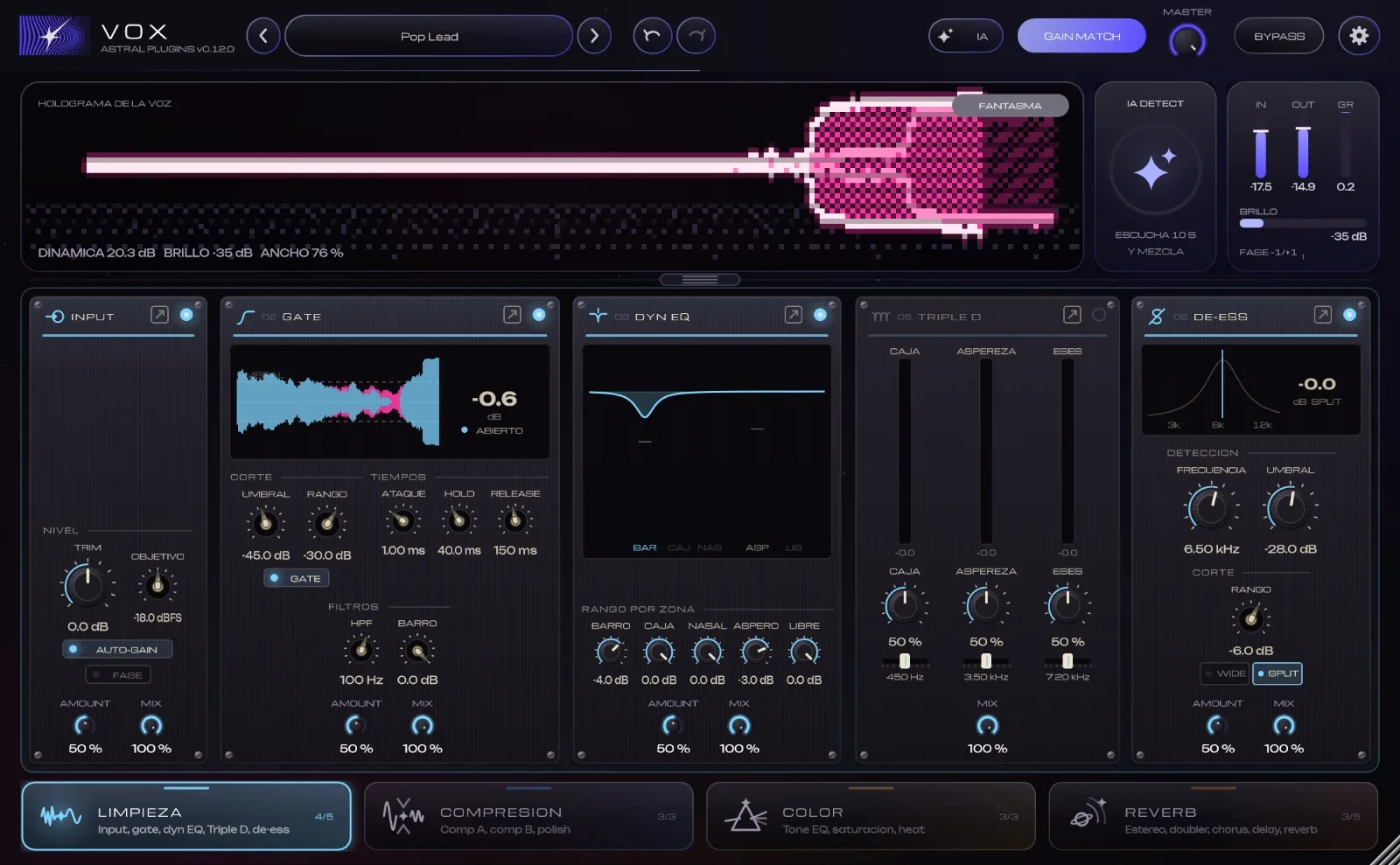 Interfaz de Astral VOX: holograma de la voz, IA Detect, medidores y las etapas Limpieza, Compresión, Color y Reverb